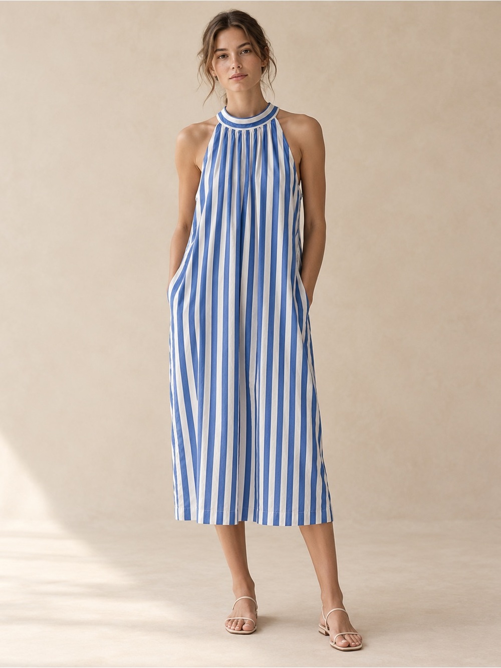 J. Crew Blue and White Striped Halter Midi Tie Neck Halter Dress Size 6